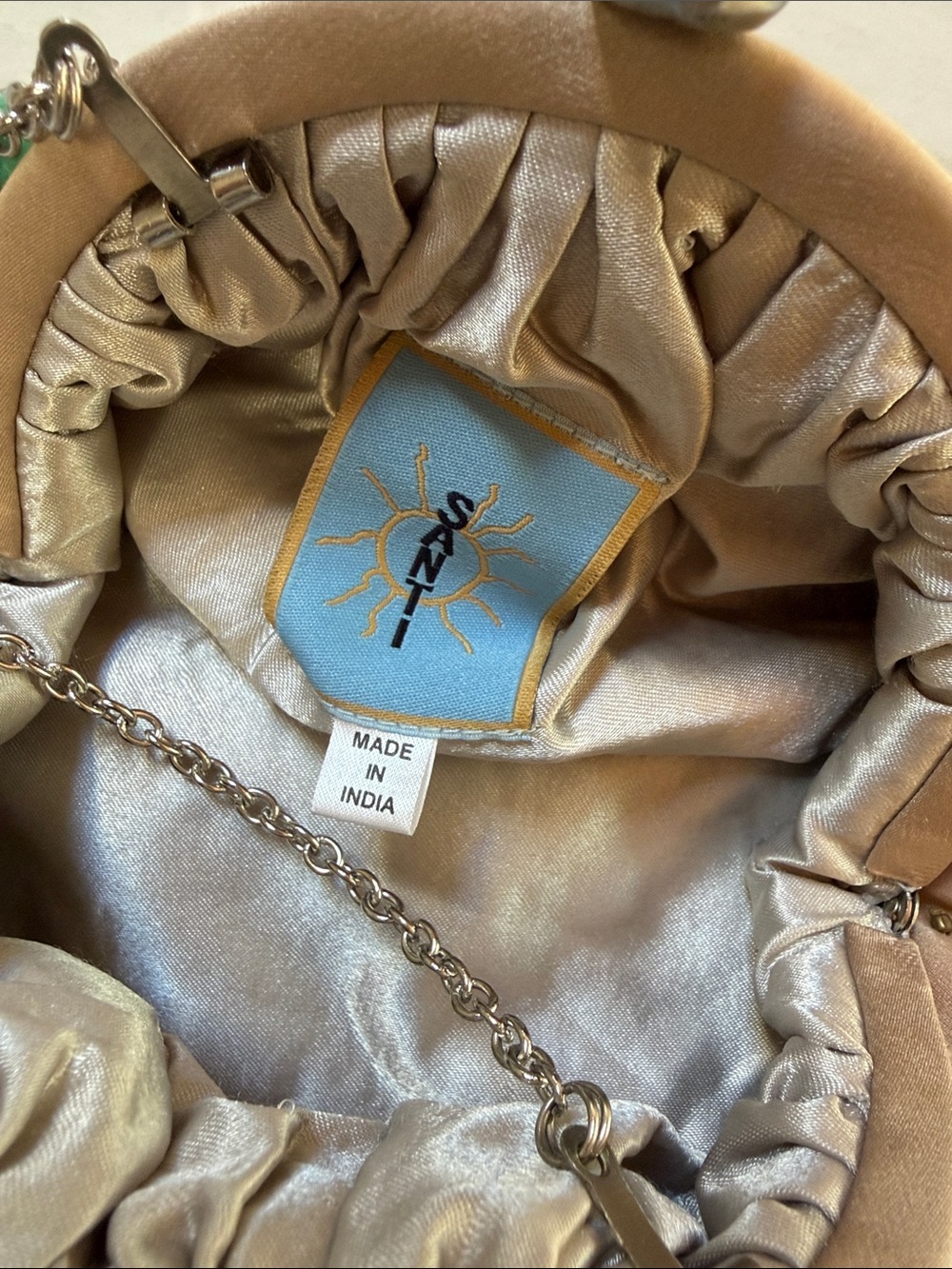 Santo beaded Embellished Floral Clutch, Beige, Turquoise & Red & Navy w chain - Picture 8 of 11